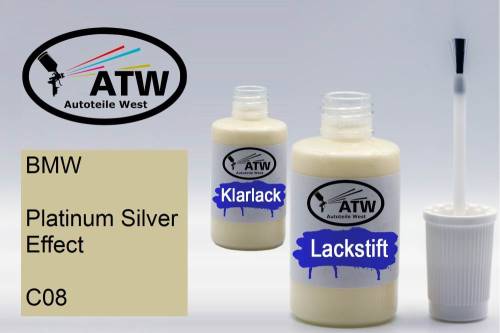 BMW, Platinum Silver Effect, C08: 20ml Lackstift + 20ml Klarlack - Set, von ATW Autoteile West.